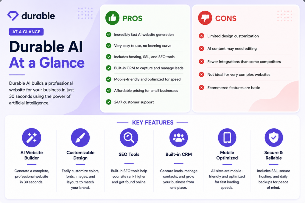 Durable AI review – website builder pricing, AI-generated site features, and built-in CRM for small business