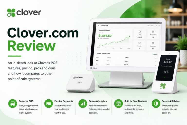 Clover POS review showing point-of-sale hardware, payment terminal, and small business checkout dashboard