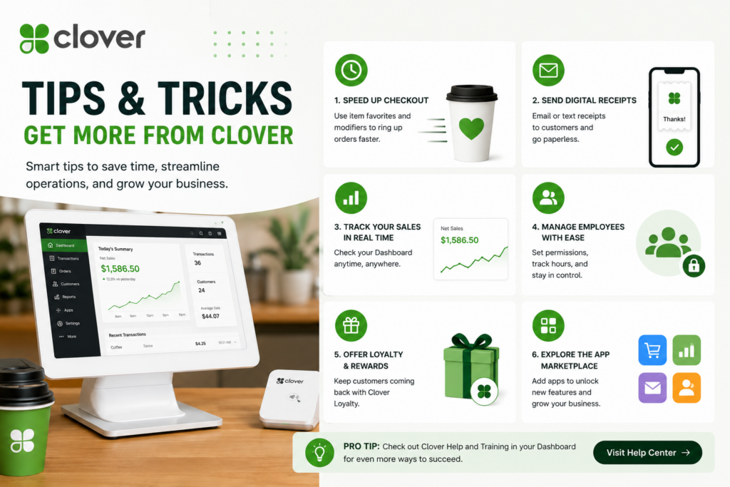 Clover POS review showing point-of-sale hardware, payment terminal, and small business checkout dashboard