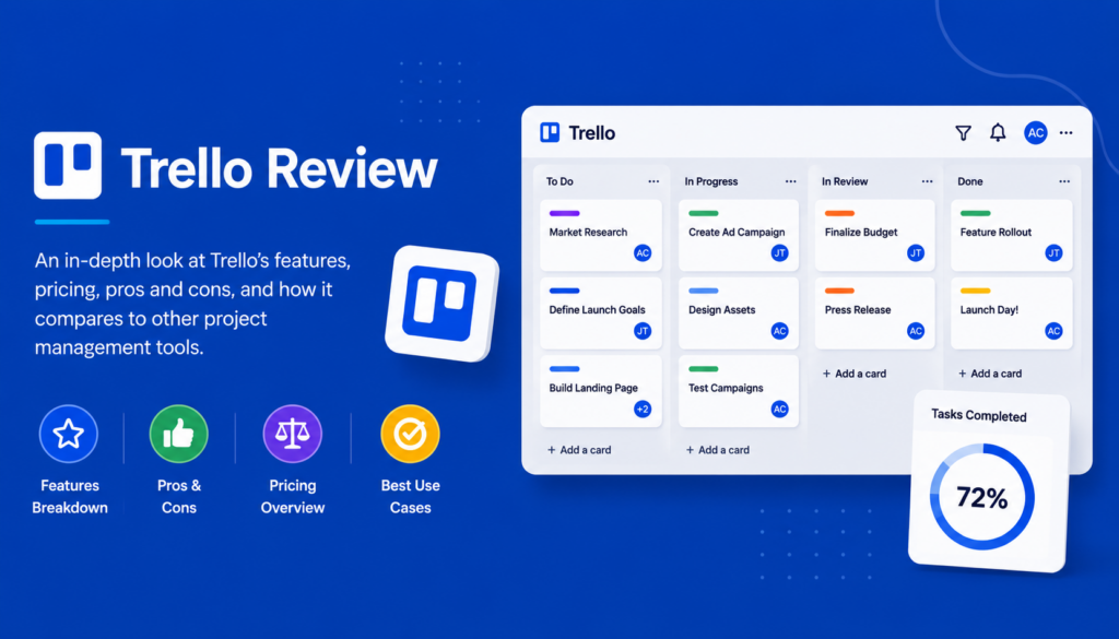 Trello review for small business showing Kanban board with task cards, project lists, and team workflow management dashboard