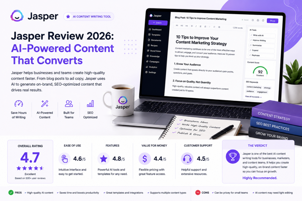 Jasper AI review 2026 – AI writing tool pricing, Brand Voice features, and marketing content generator for small business