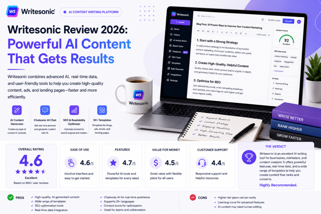 Writesonic review 2026 – AI writing tool pricing, SEO content generation, and free plan for small business