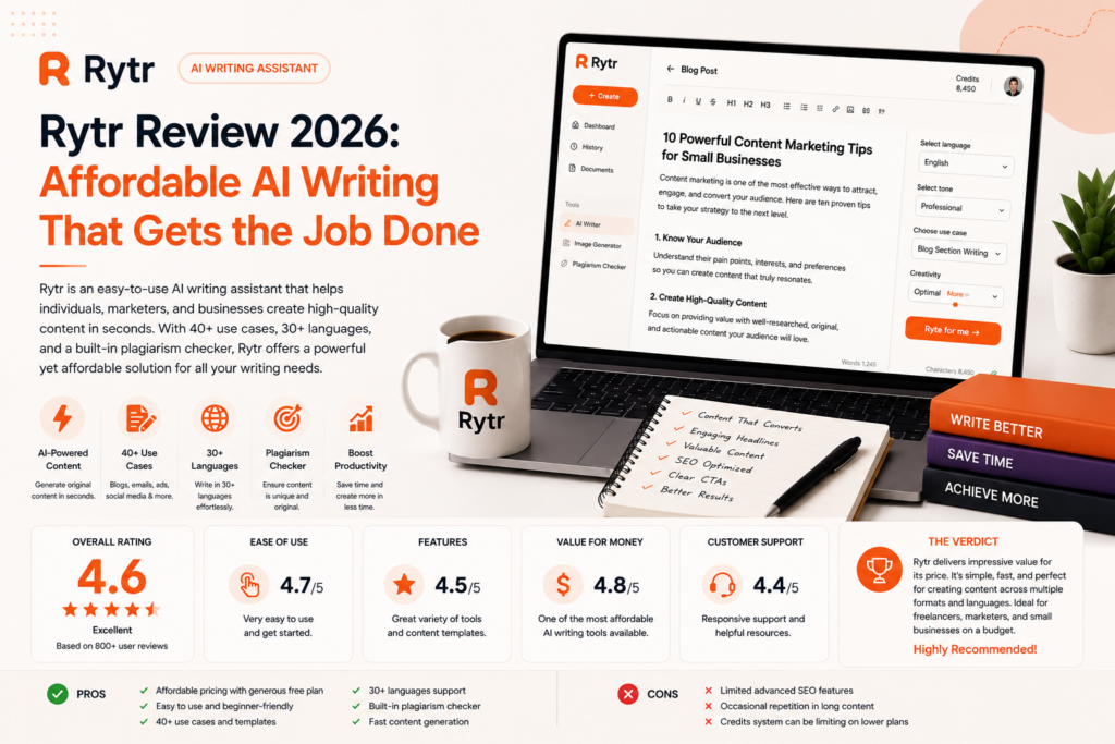 Rytr review 2026 – affordable AI writing tool pricing, short-form content generation, and free plan for small business