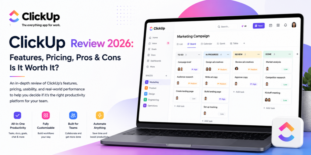 ClickUp review 2026 – project management pricing, AI features, and all-in-one productivity platform for small business
