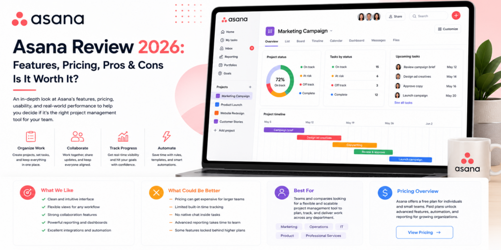 Asana review, Asana pricing 2026, Asana free plan, Asana vs ClickUp, Asana vs monday.com, project management software small business, Asana AI Studio, Asana pricing tiers, task management software, Asana alternatives