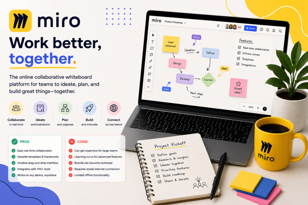 Miro review, Miro pricing, Miro vs FigJam, online whiteboard software, visual collaboration tool, Miro AI features, remote team brainstorming tool, Miro templates, Miro alternatives, digital whiteboard for small business