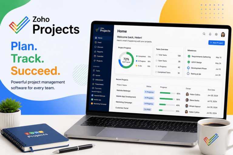 Zoho Projects dashboard showing Gantt chart and task management view